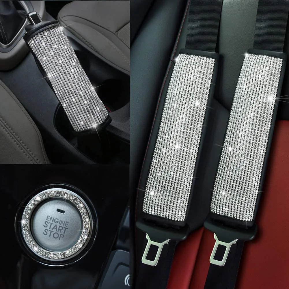 Soft Velvet Seat Belt Shoulder Pads with Bling Rhinestones Car Bling Seat Belt Covers for Women, Crystal Handbrake Cover, Bling Ring Set Bling Car Accessories 4 Pack Set Universal, Car Interior Accessories