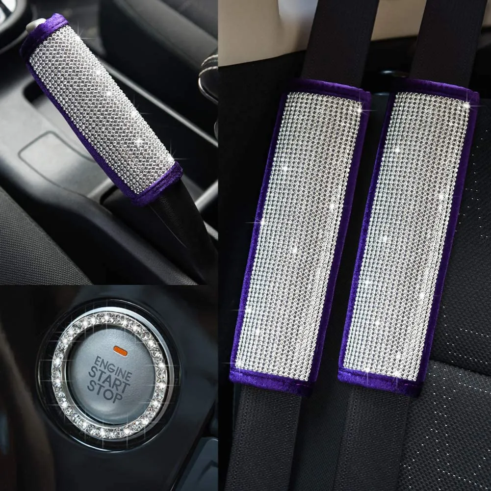 Soft Velvet Seat Belt Shoulder Pads with Bling Rhinestones Car Bling Seat Belt Covers for Women, Crystal Handbrake Cover, Bling Ring Set Bling Car Accessories 4 Pack Set Universal, Car Interior Accessories