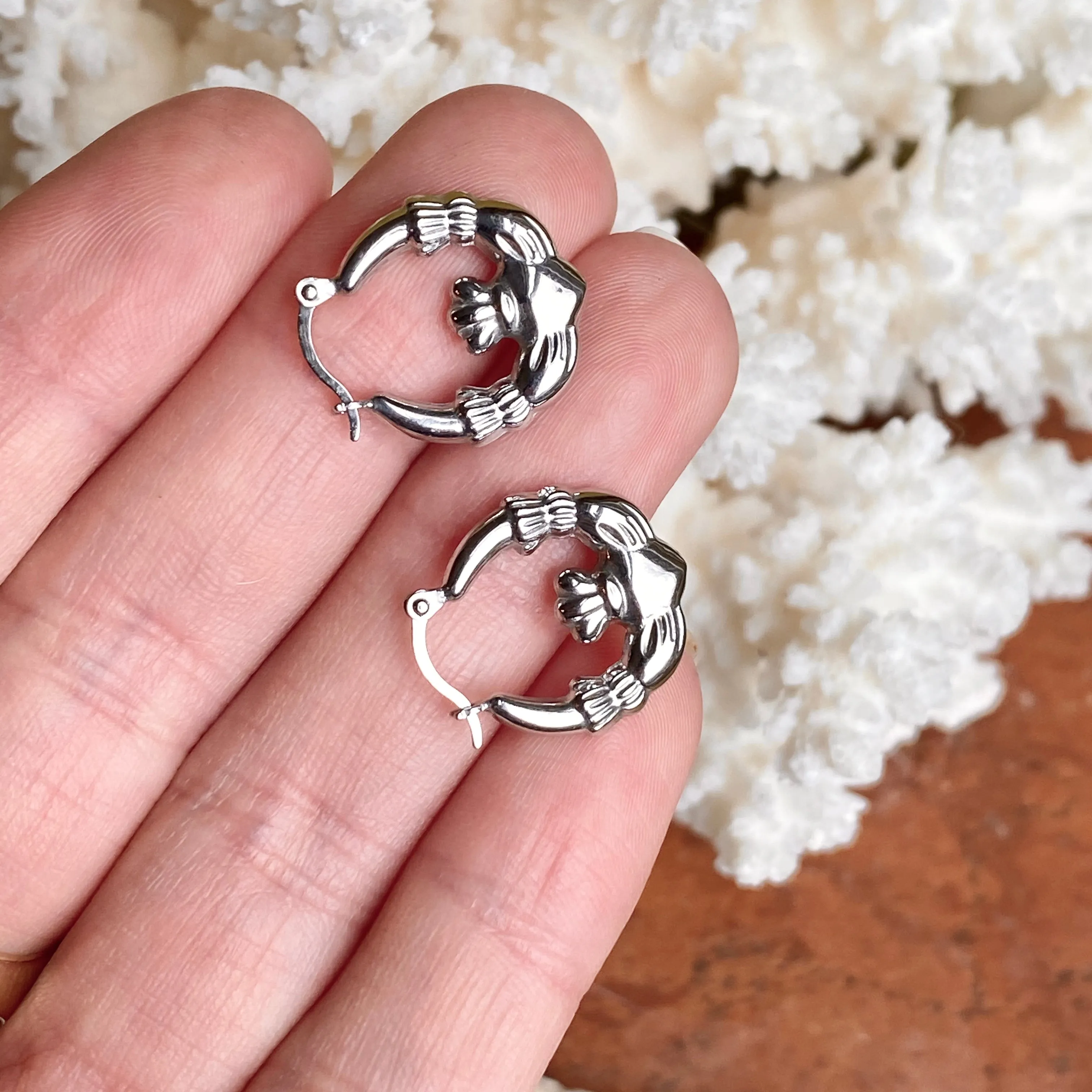 Sterling Silver Celtic Claddagh Hollow Small Hoop Earrings