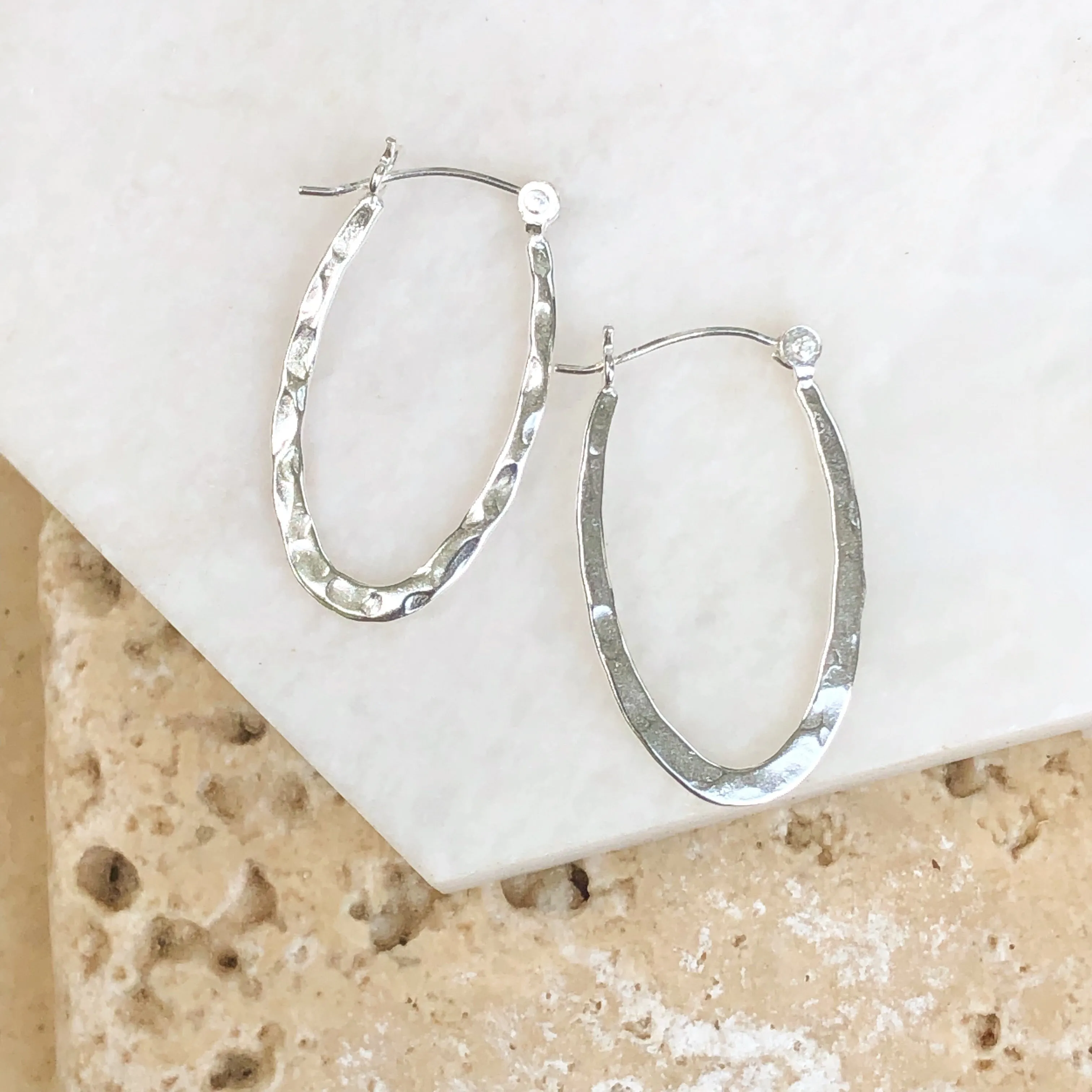 Sterling Silver Hammered Oval Hoop Earrings 11mm