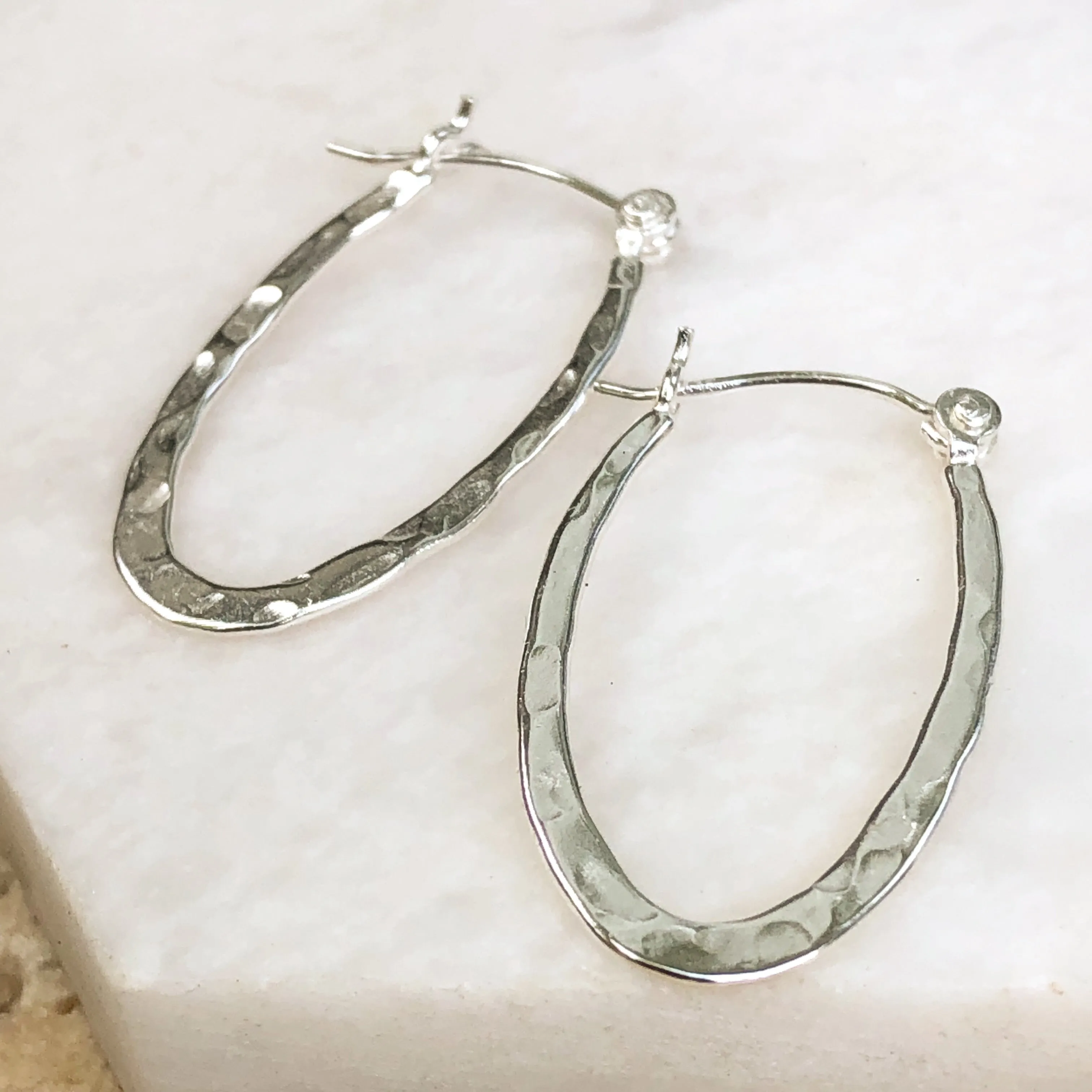 Sterling Silver Hammered Oval Hoop Earrings 11mm