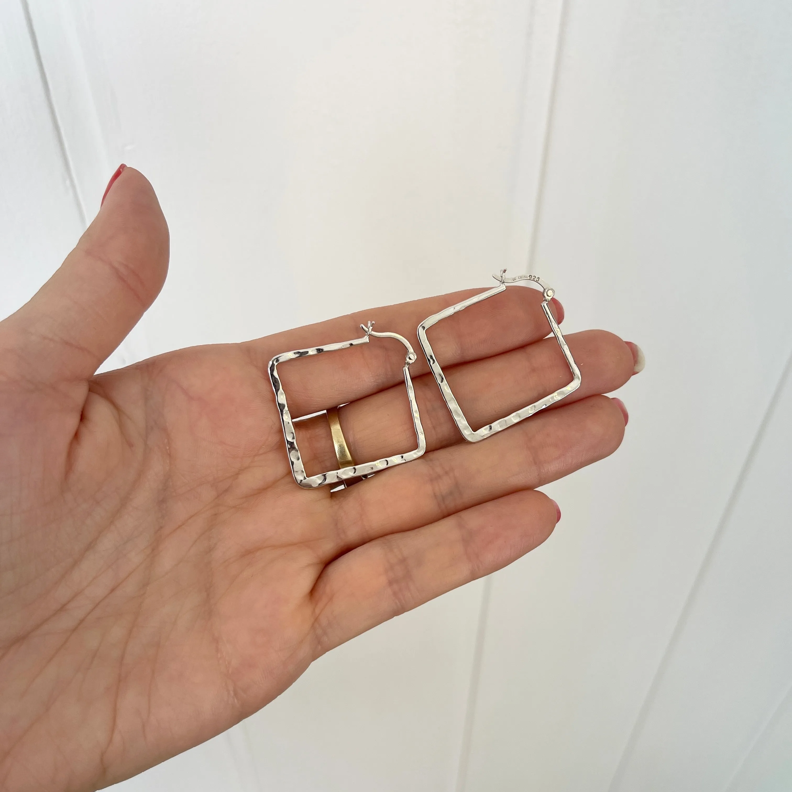Sterling Silver Hammered Square Hoop Earrings 33mm