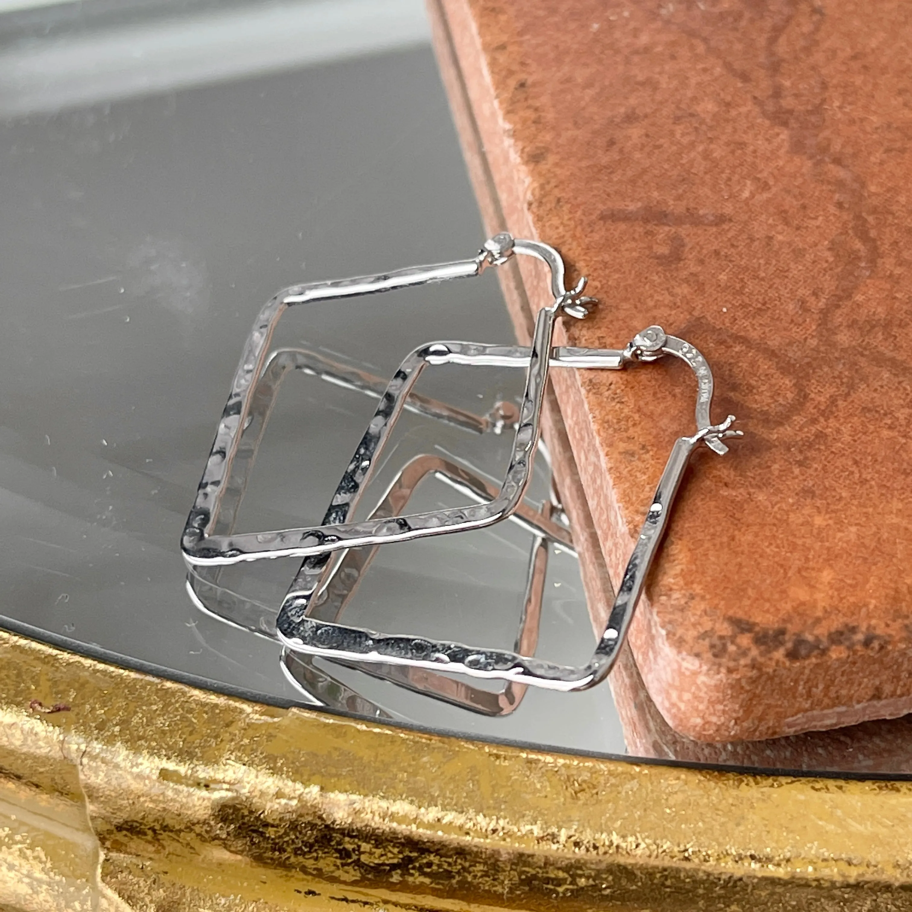 Sterling Silver Hammered Square Hoop Earrings 33mm