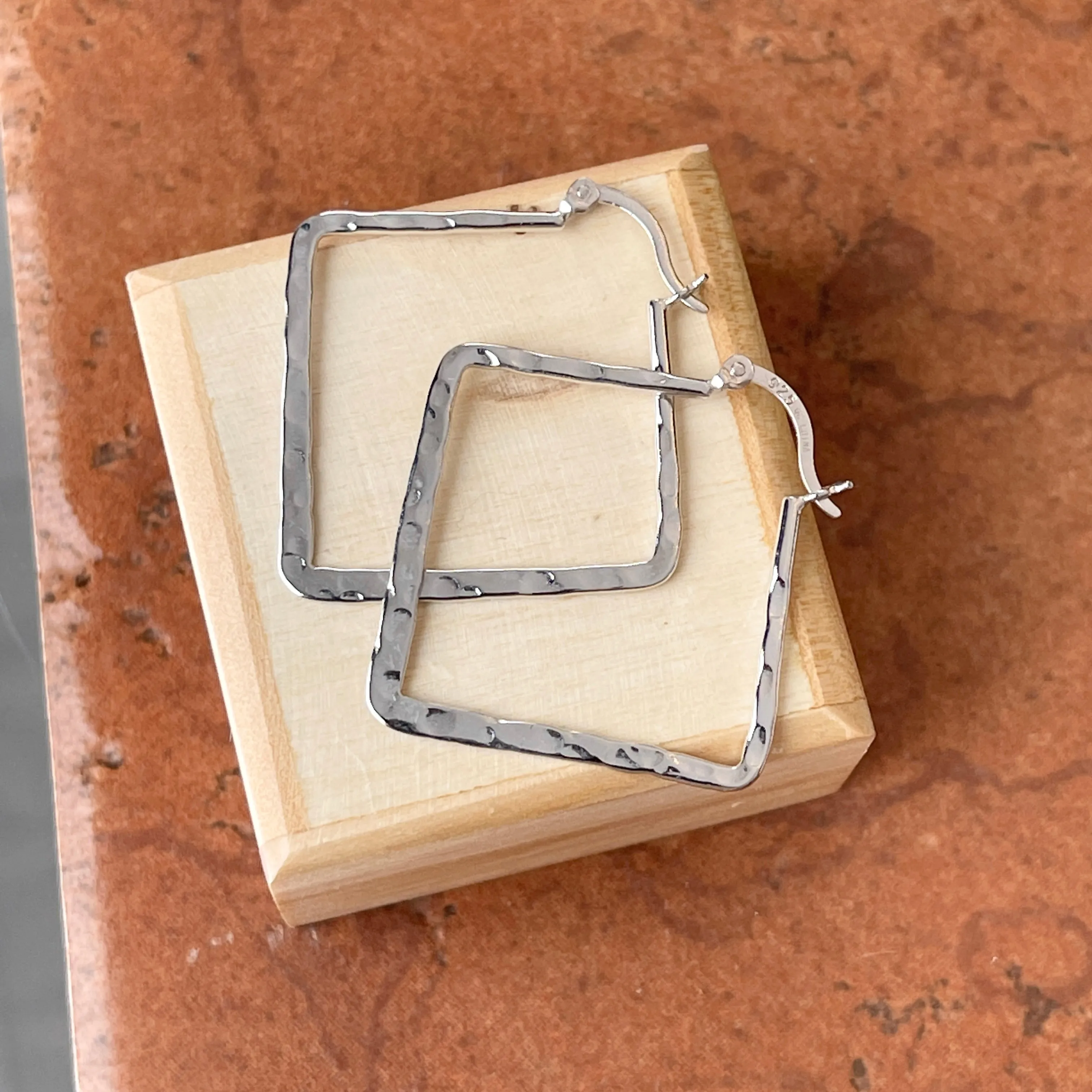 Sterling Silver Hammered Square Hoop Earrings 33mm