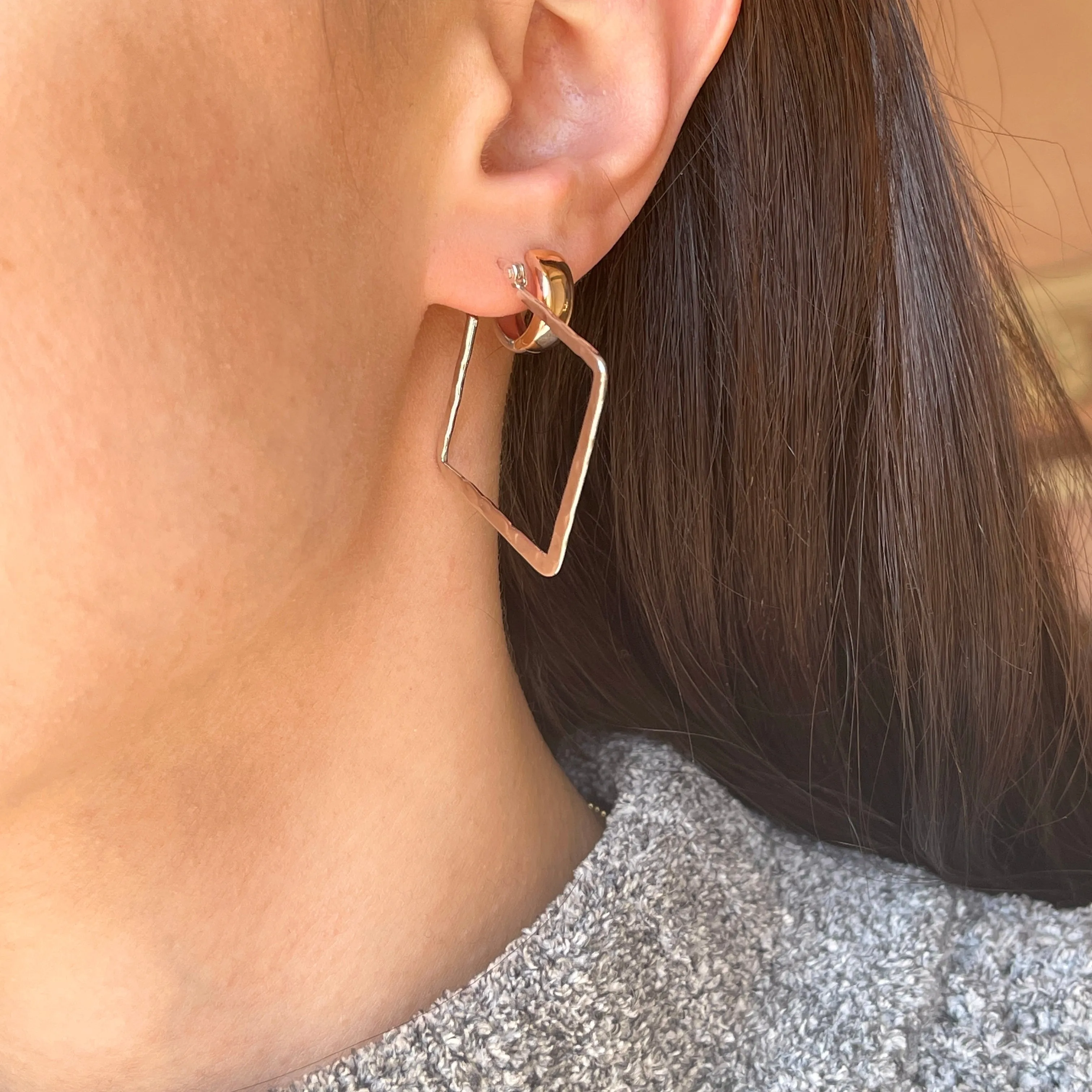 Sterling Silver Hammered Square Hoop Earrings 33mm