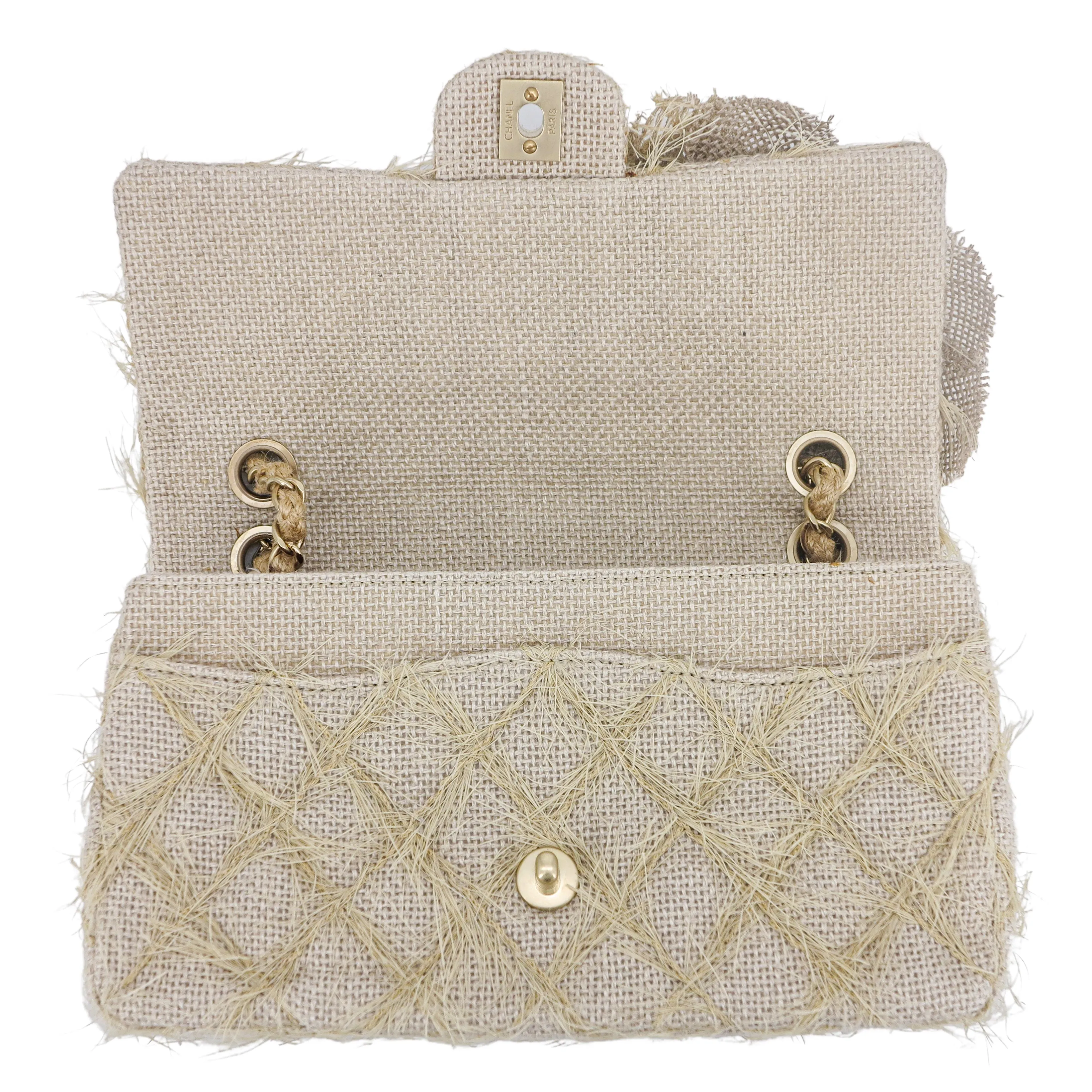 Taupe Beige Camellia Straw Jute Raffia Medium Flap Bag