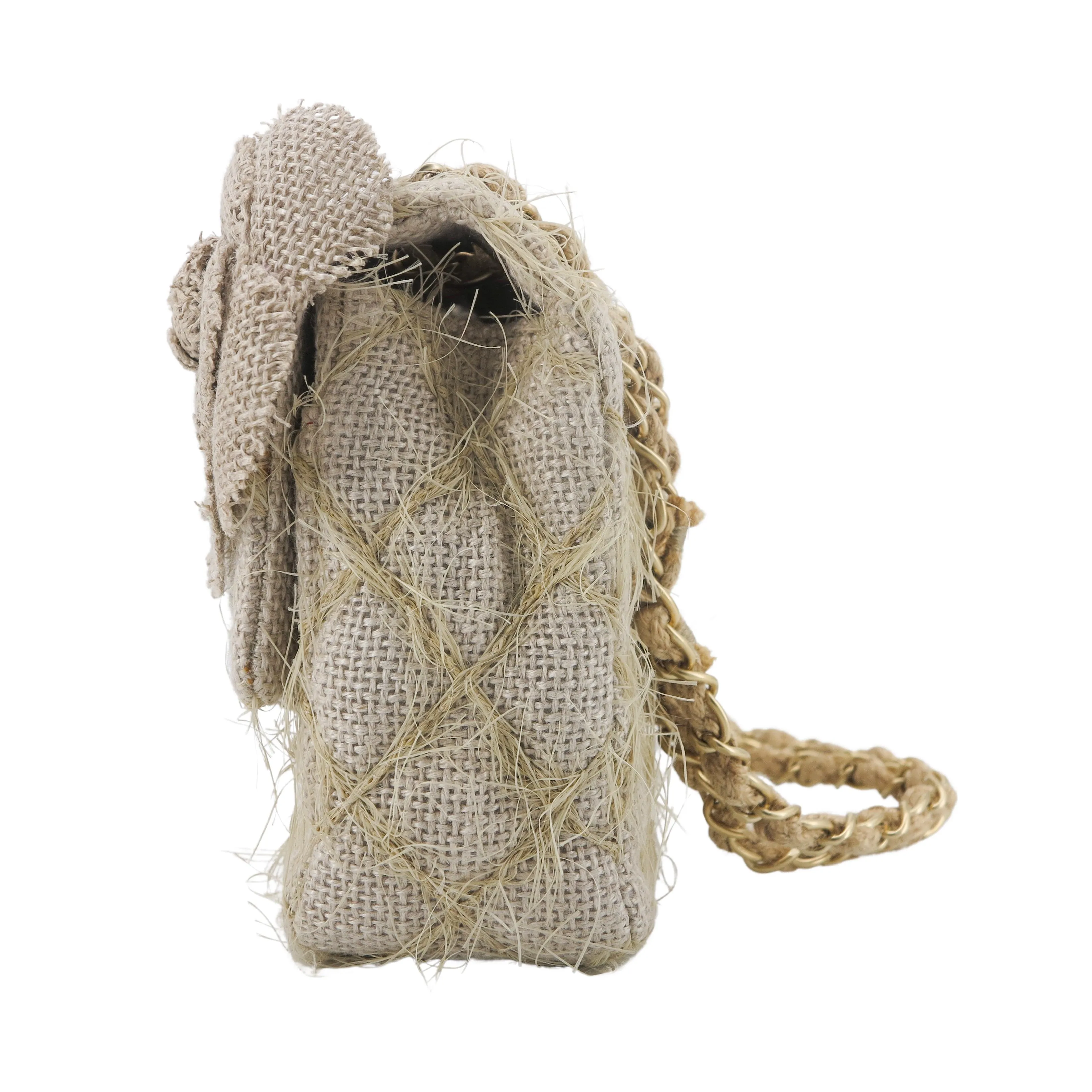 Taupe Beige Camellia Straw Jute Raffia Medium Flap Bag