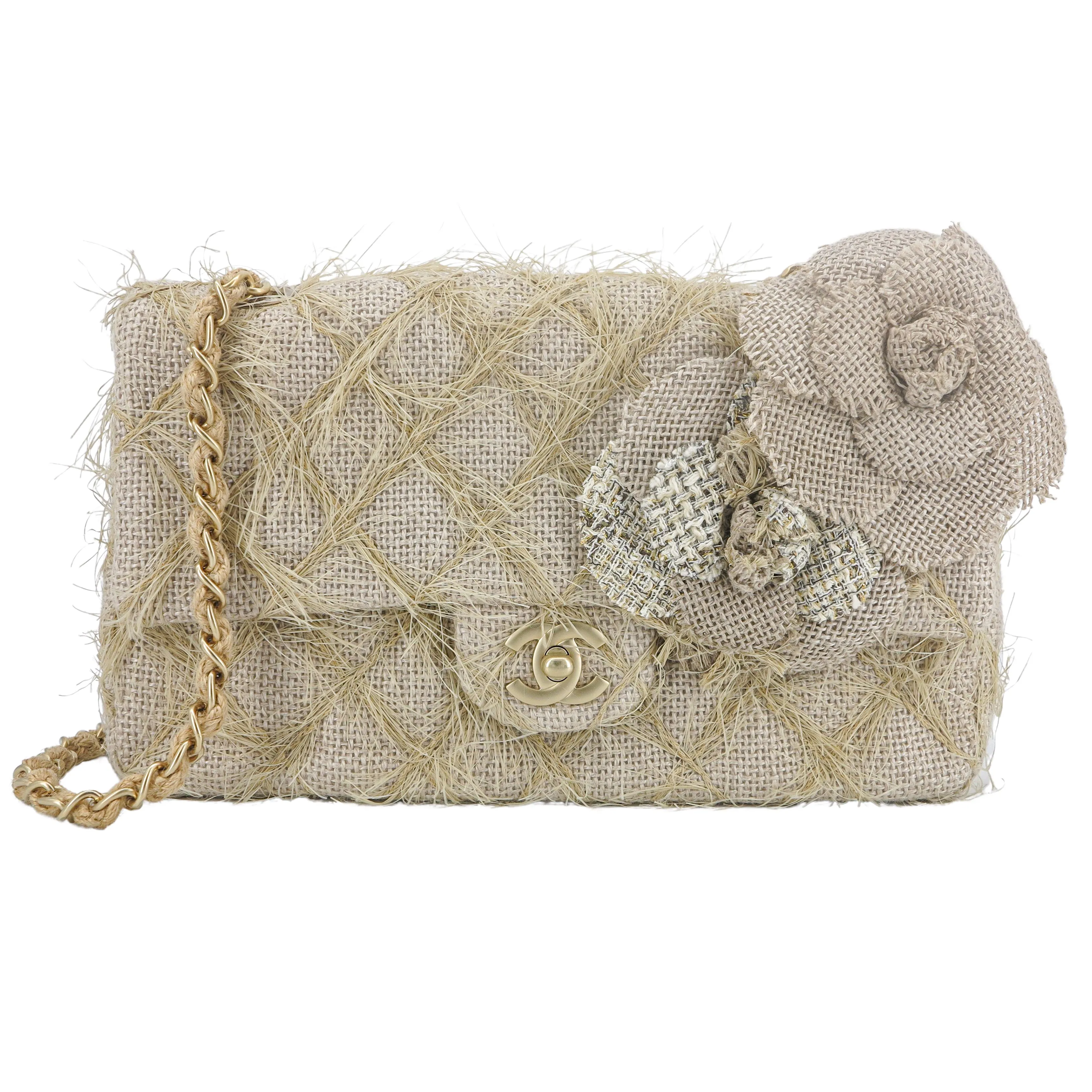 Taupe Beige Camellia Straw Jute Raffia Medium Flap Bag
