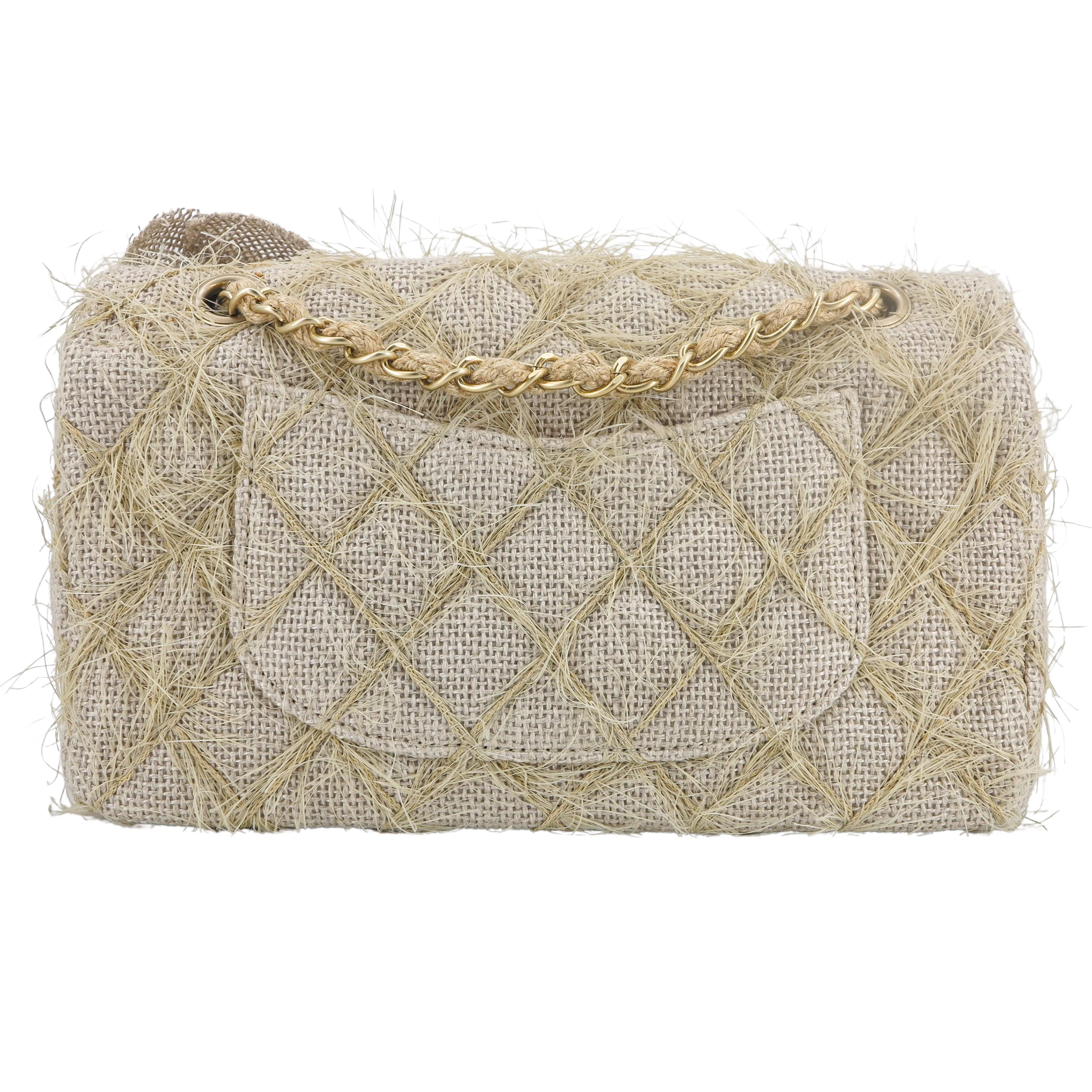 Taupe Beige Camellia Straw Jute Raffia Medium Flap Bag