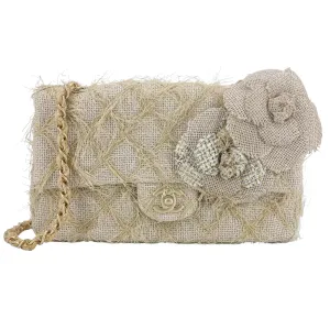 Taupe Beige Camellia Straw Jute Raffia Medium Flap Bag