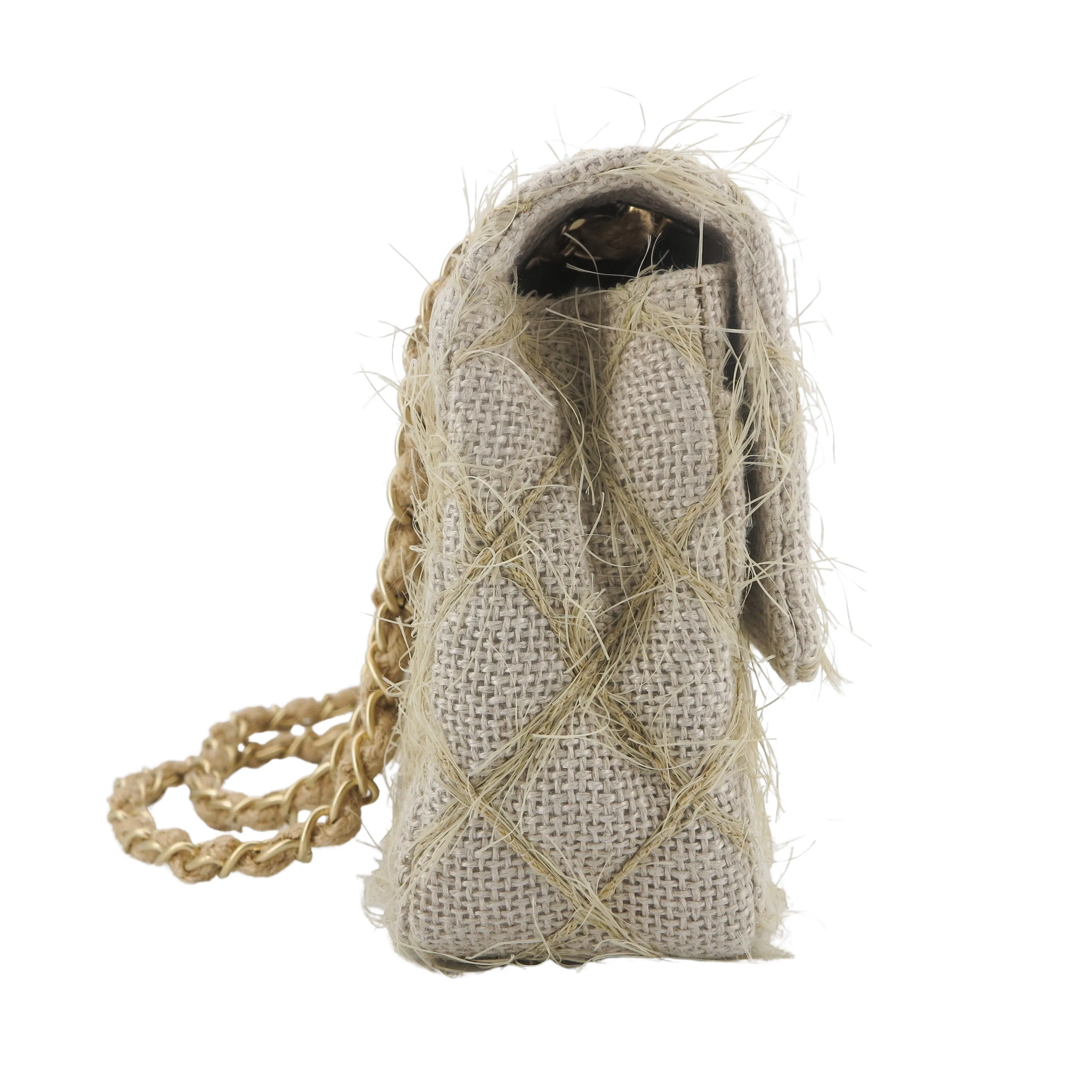 Taupe Beige Camellia Straw Jute Raffia Medium Flap Bag
