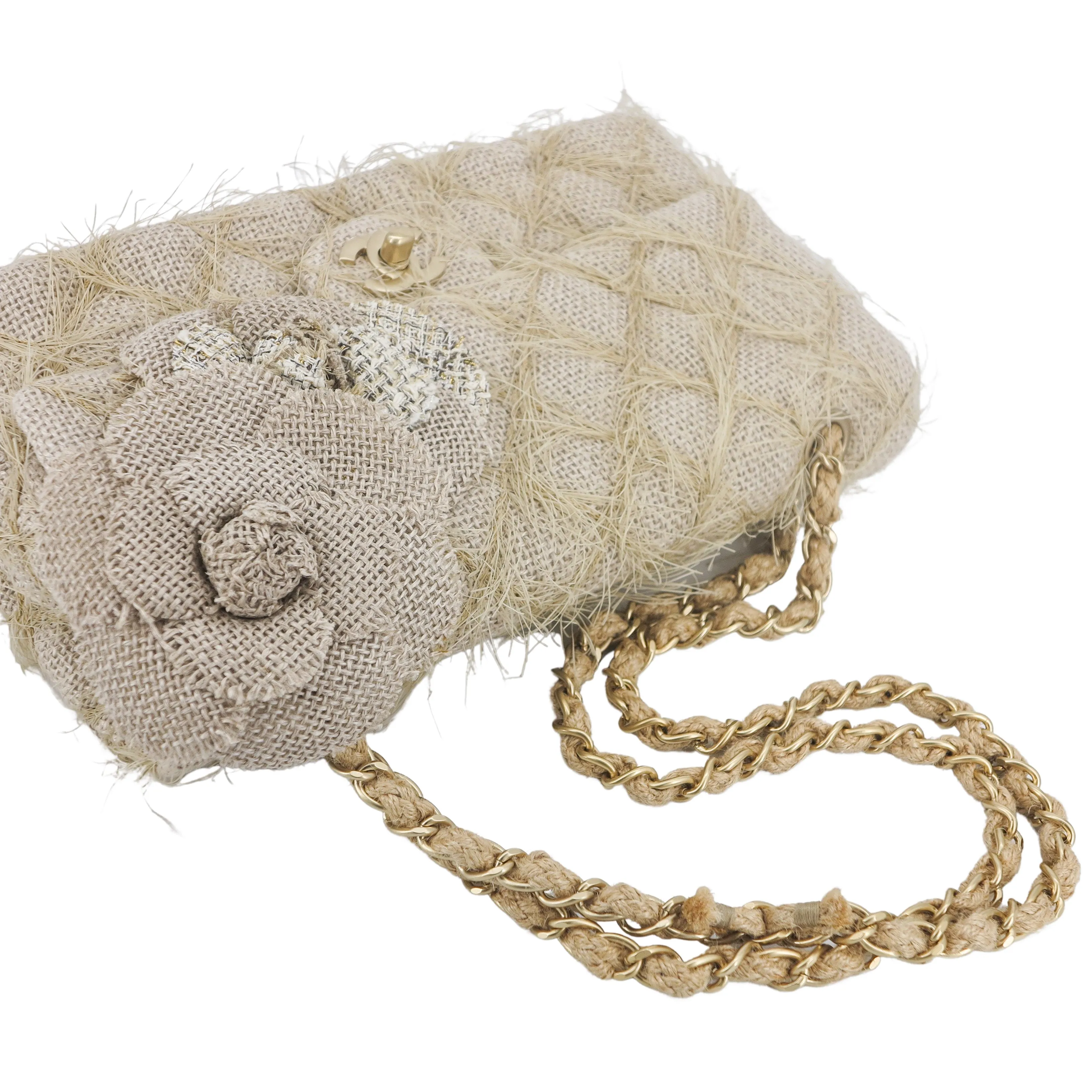 Taupe Beige Camellia Straw Jute Raffia Medium Flap Bag