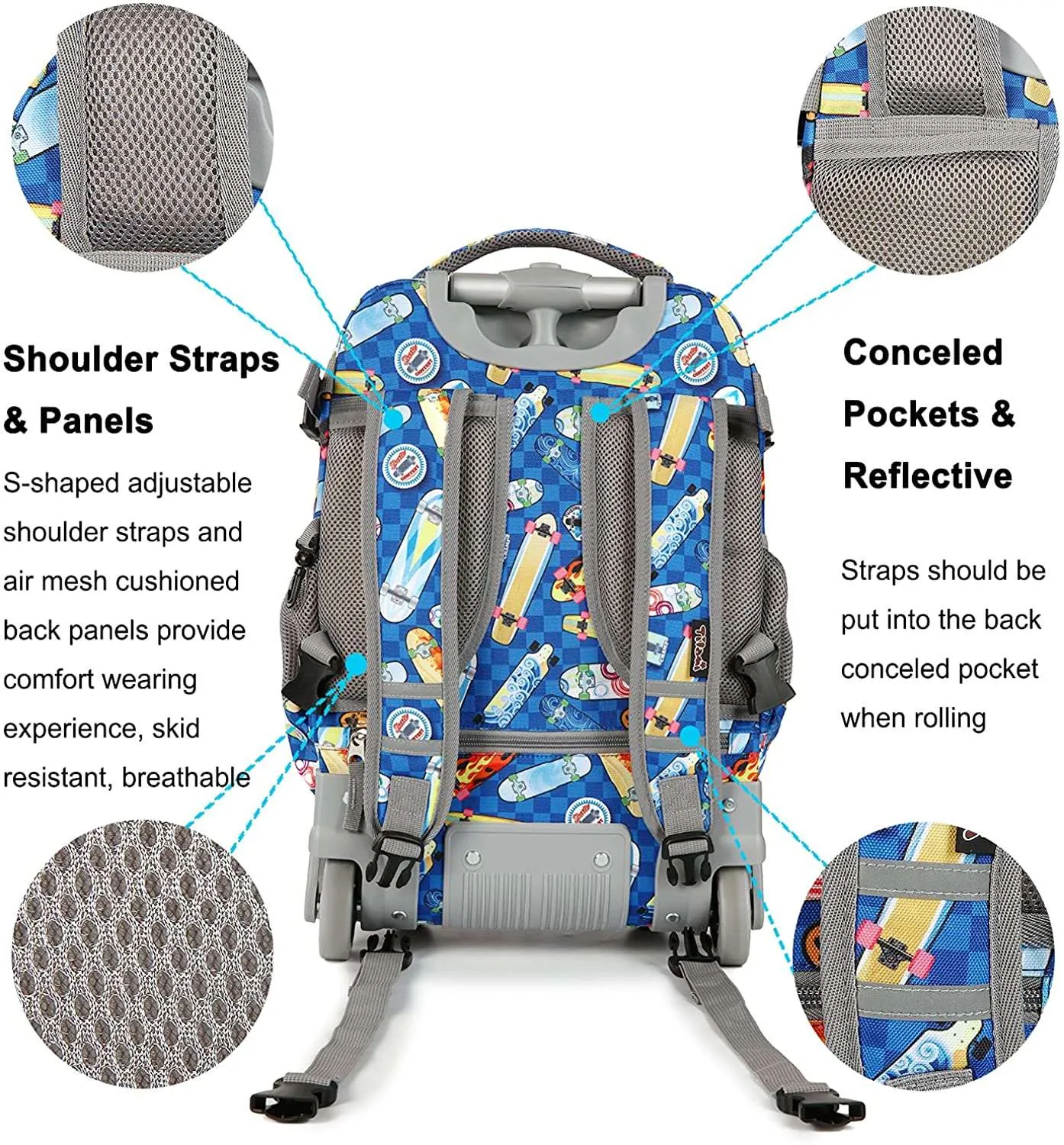 Tilami Blue Skate Board 18 inch Kids Rolling Backpack Laptop Backpack