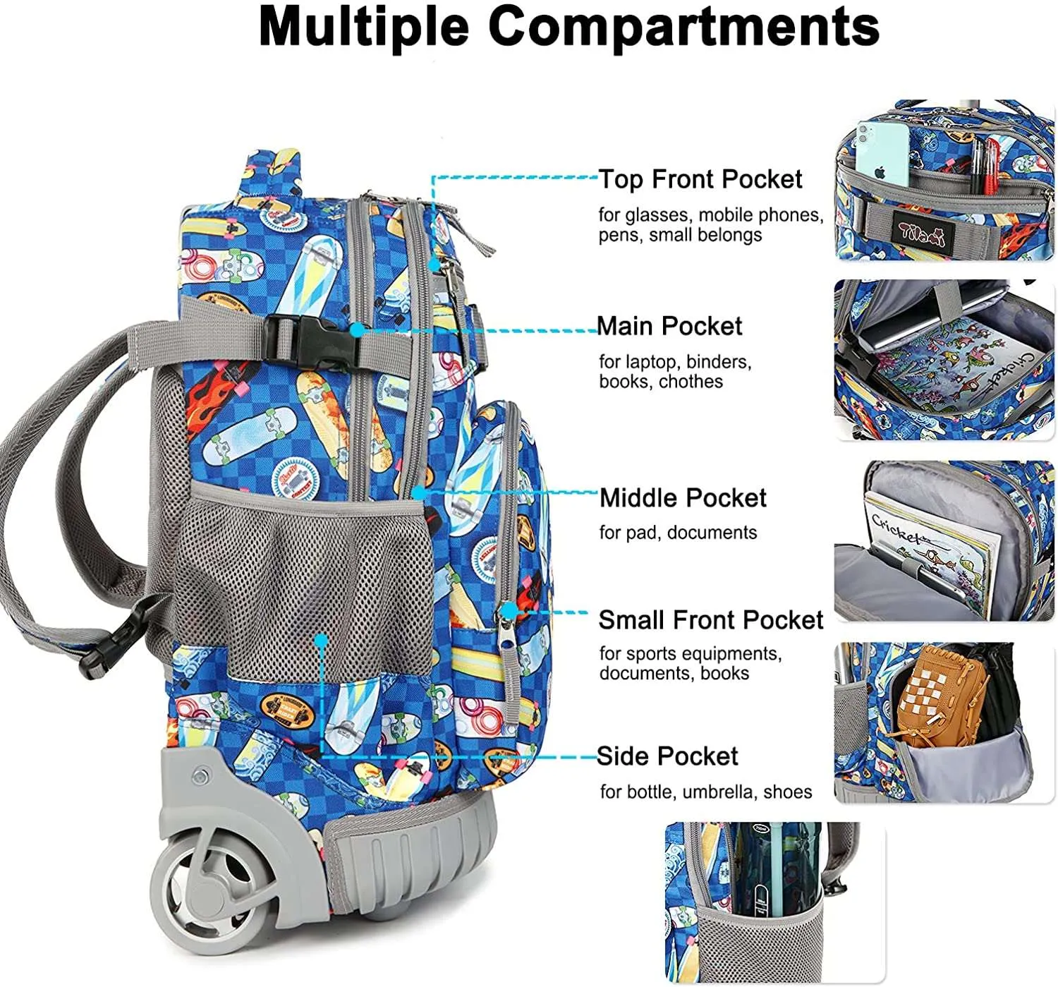 Tilami Blue Skate Board 18 inch Kids Rolling Backpack Laptop Backpack