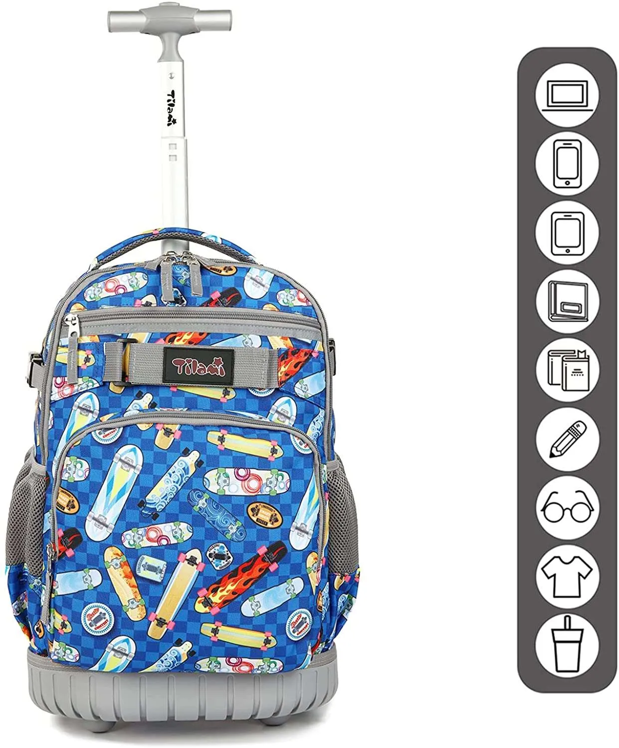 Tilami Blue Skate Board 18 inch Kids Rolling Backpack Laptop Backpack