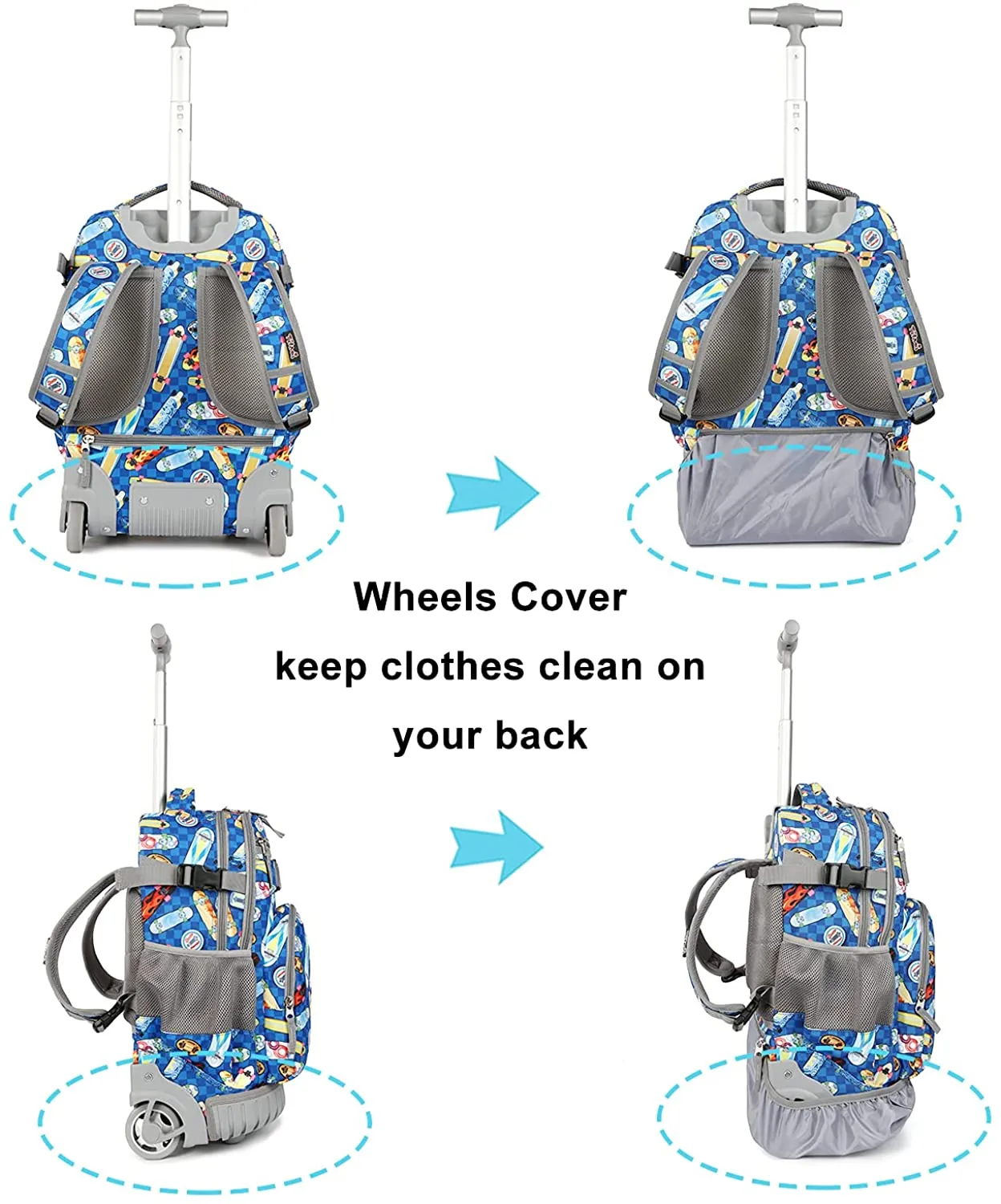 Tilami Blue Skate Board 18 inch Kids Rolling Backpack Laptop Backpack