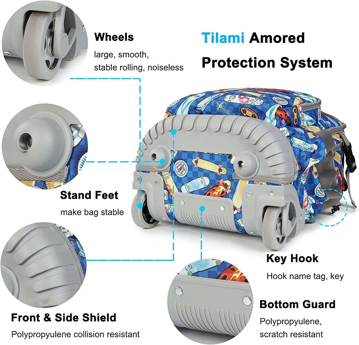 Tilami Blue Skate Board 18 inch Kids Rolling Backpack Laptop Backpack