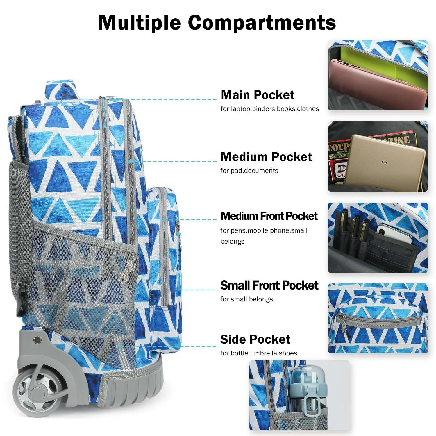 Tilami Blue Triangle 18 inch Rolling Backpack for Kids
