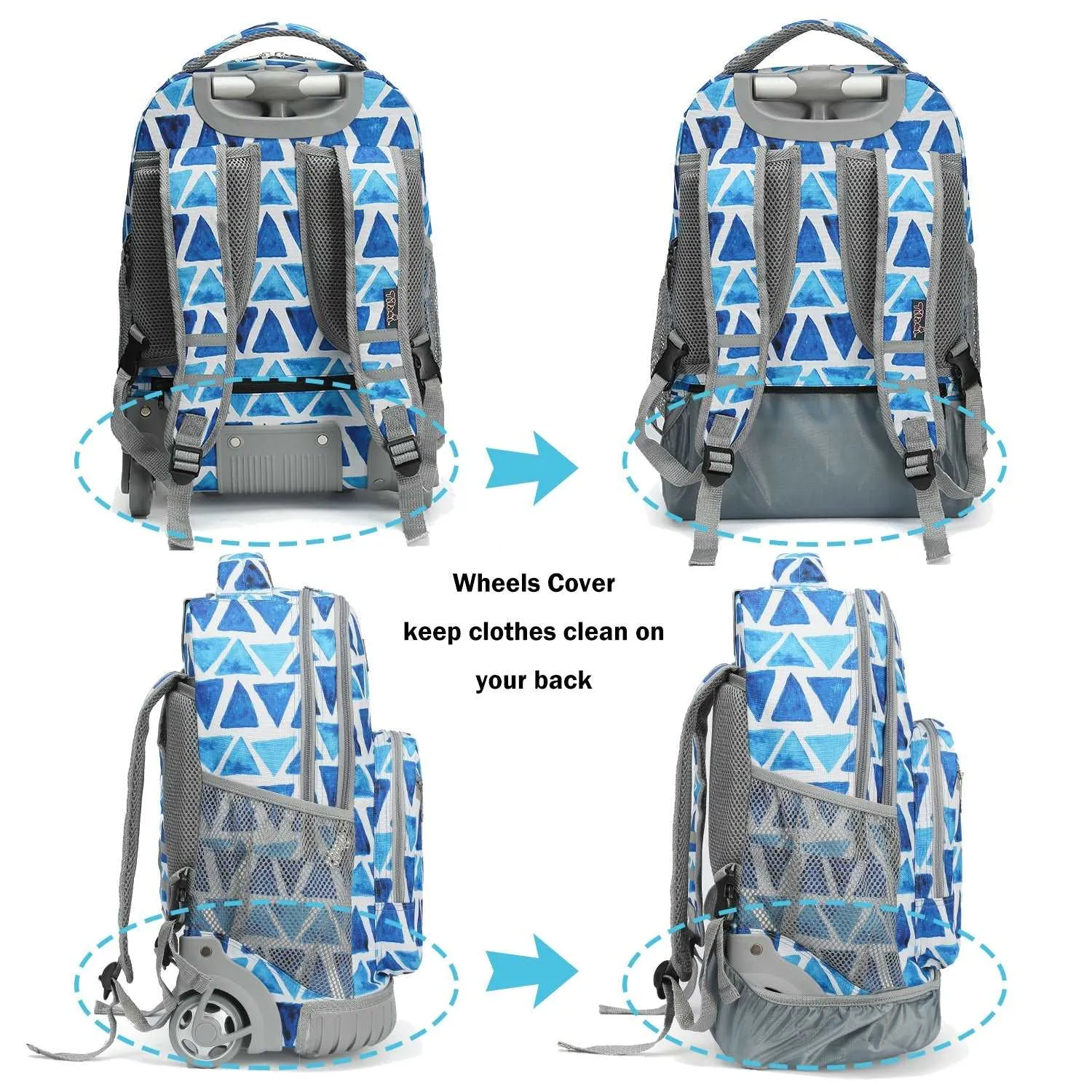 Tilami Blue Triangle 18 inch Rolling Backpack for Kids
