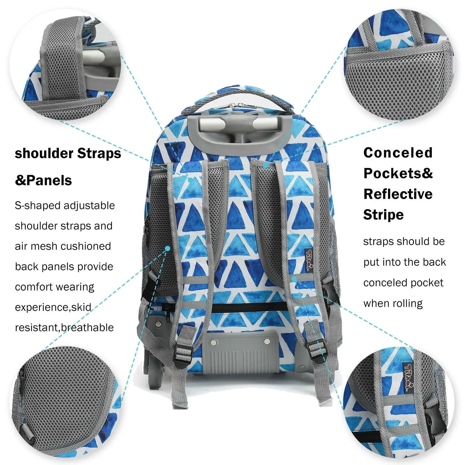 Tilami Blue Triangle 18 inch Rolling Backpack for Kids