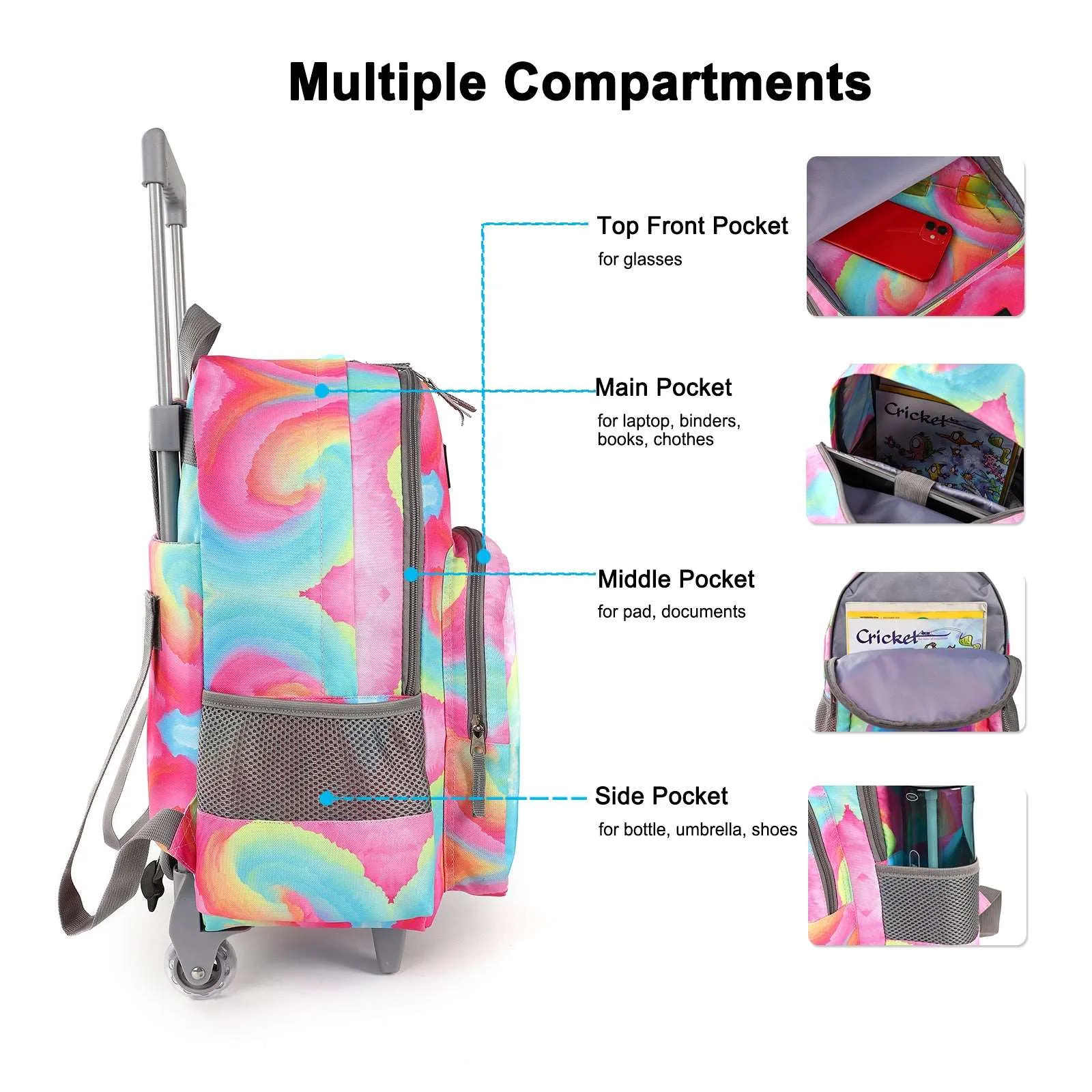 Tilami Pink Five-pointed Star 18 inch Double Handle Rolling Backpack
