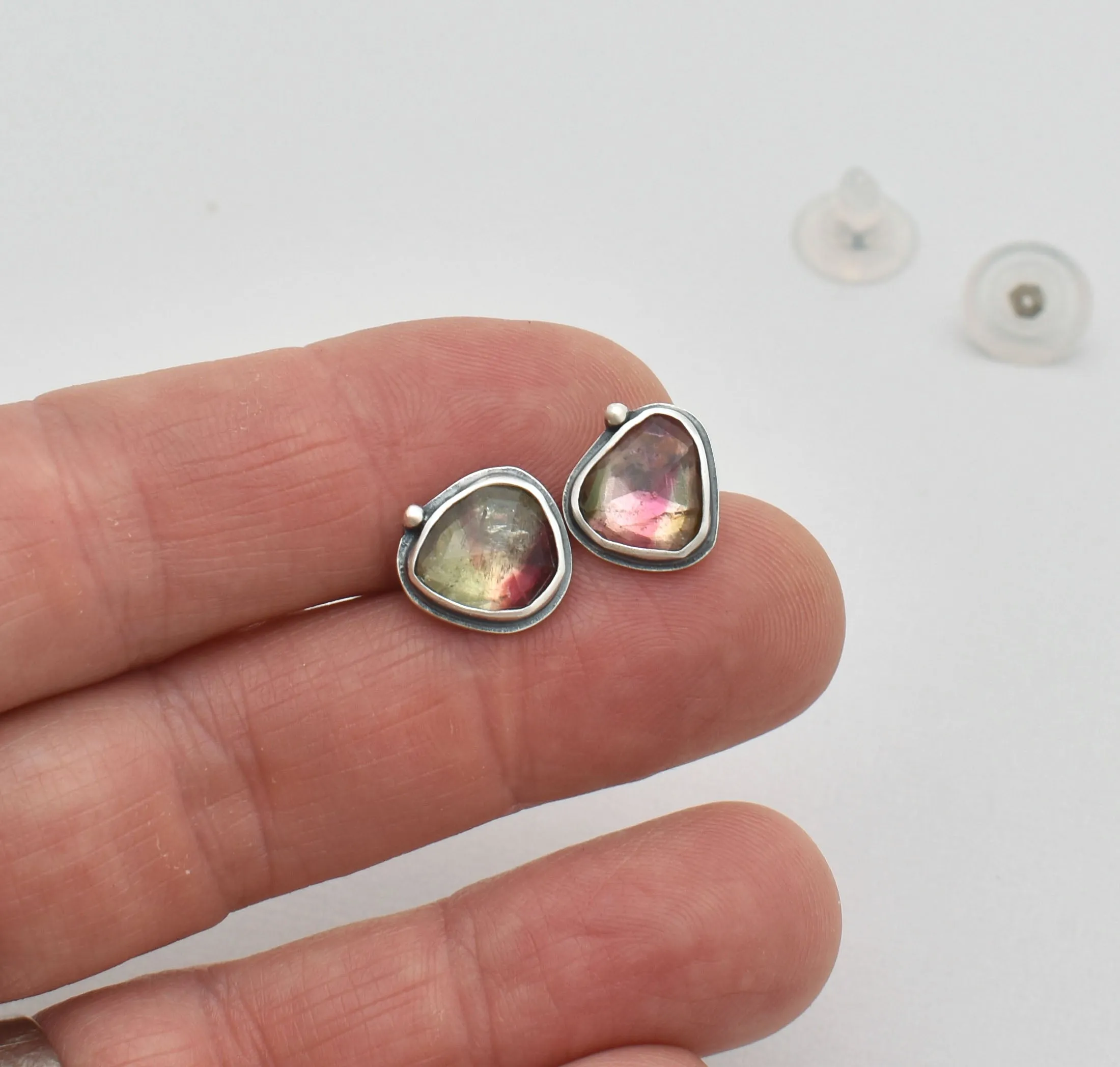 Tourmaline Stud Earrings. Multi Color Gemstone Post Earrings.