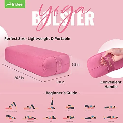 Trideer Yoga Bolster Pillow | Combo Set of Yoga Strap & Rectangular Meditation Pillow, Soft Velvet & Optimal Support, 800g Light Weight with Carry Handle