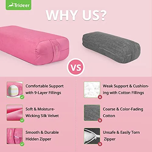 Trideer Yoga Bolster Pillow | Combo Set of Yoga Strap & Rectangular Meditation Pillow, Soft Velvet & Optimal Support, 800g Light Weight with Carry Handle