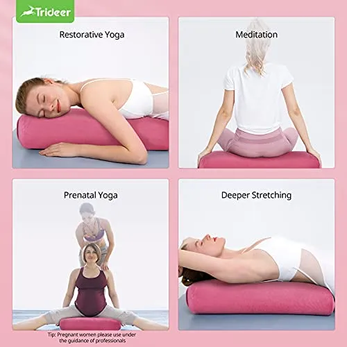 Trideer Yoga Bolster Pillow | Combo Set of Yoga Strap & Rectangular Meditation Pillow, Soft Velvet & Optimal Support, 800g Light Weight with Carry Handle