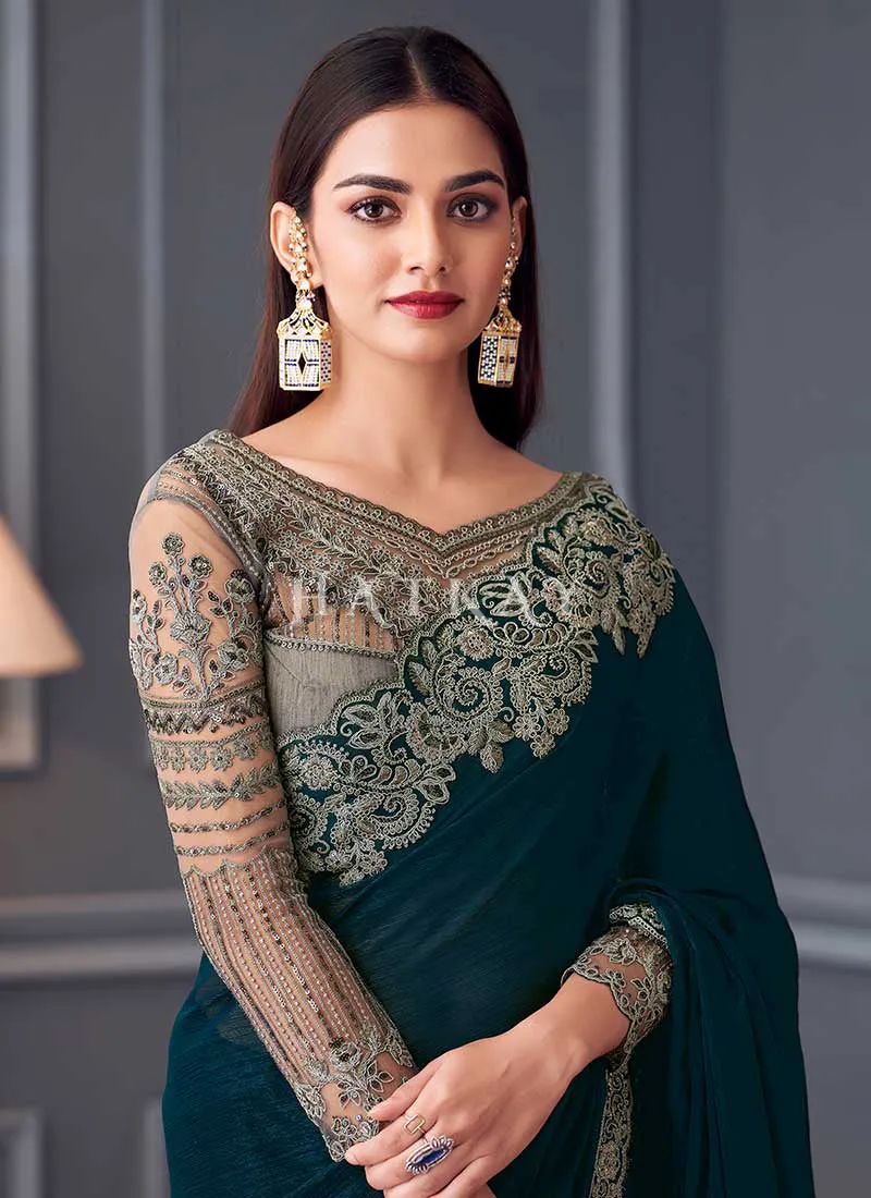 Turquoise Blue Embroidery Designer Saree