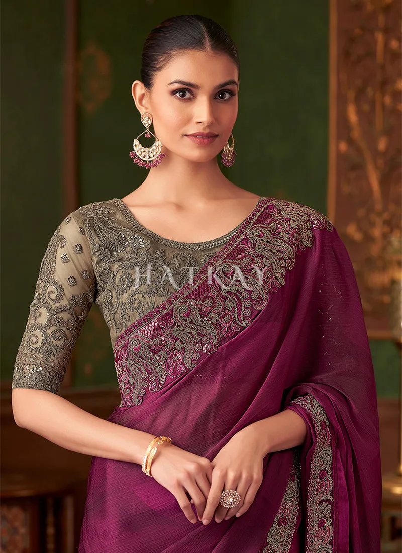 Wine And Copper Embroidery Designer Saree