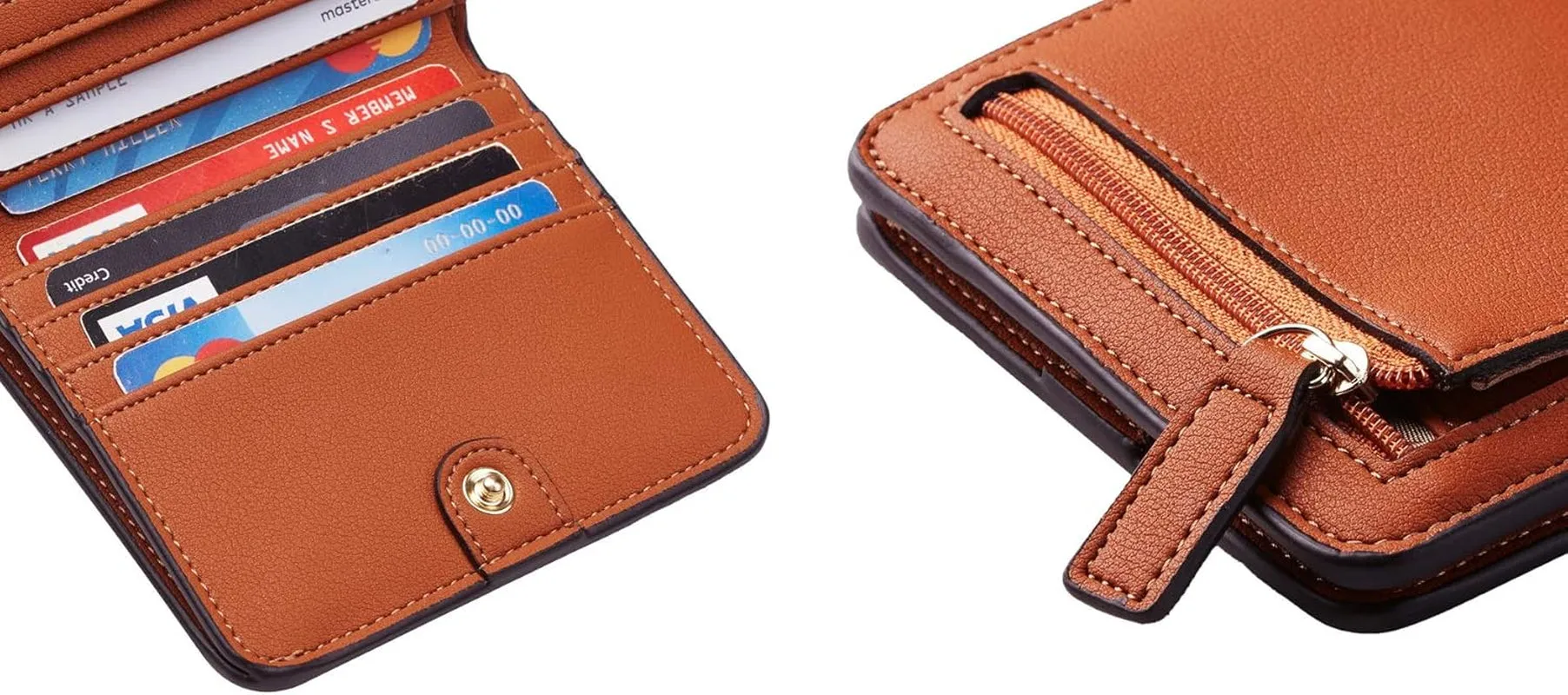 Women's Rfid Blocking Bifold Leather Wallet, Small Zipper Coin Purse with ID Window