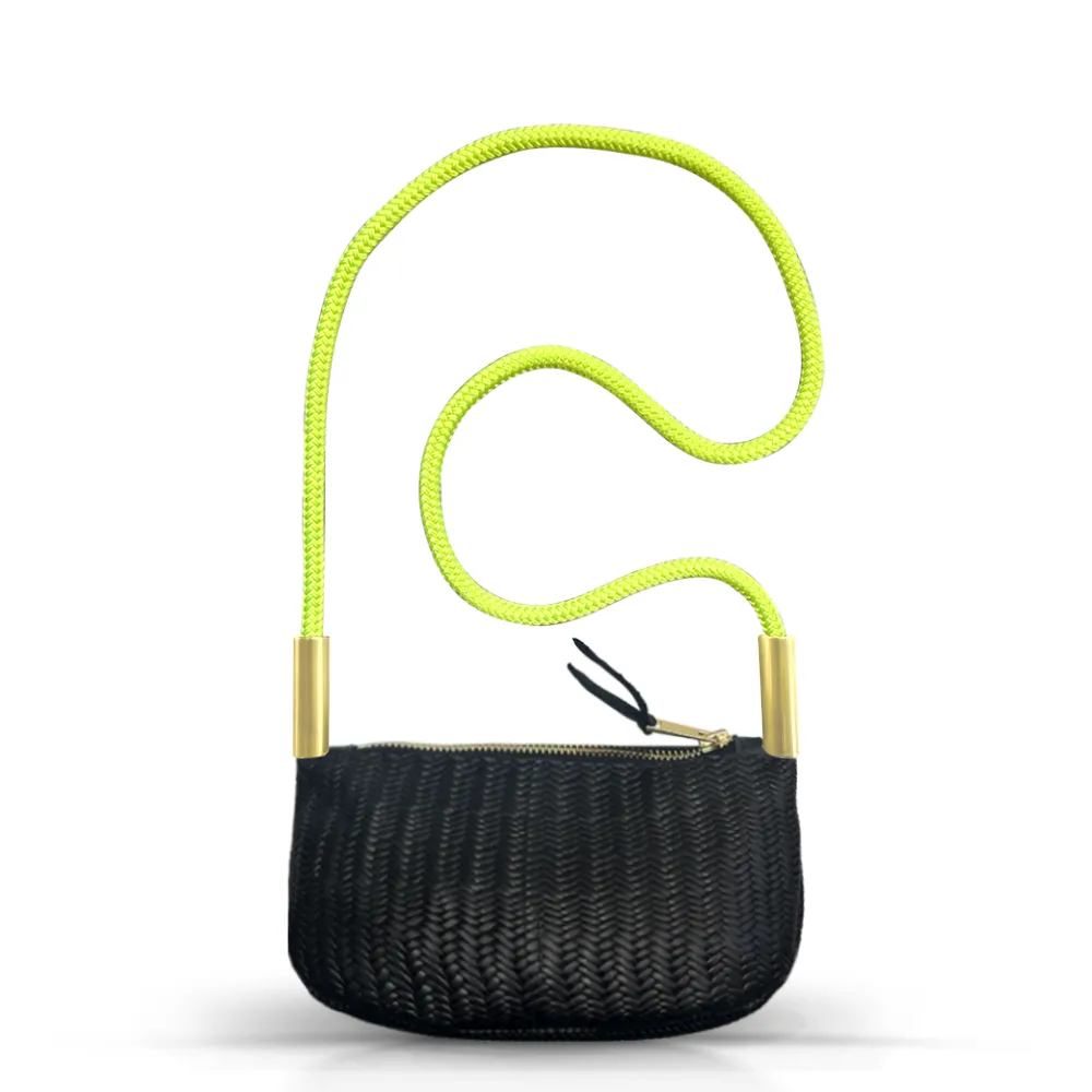 Zip Crossbody in Black Basketweave Leather